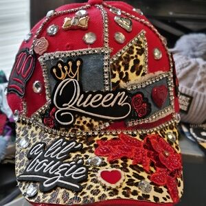 Queen Embellished Red Leopard Patch Baseball Hat